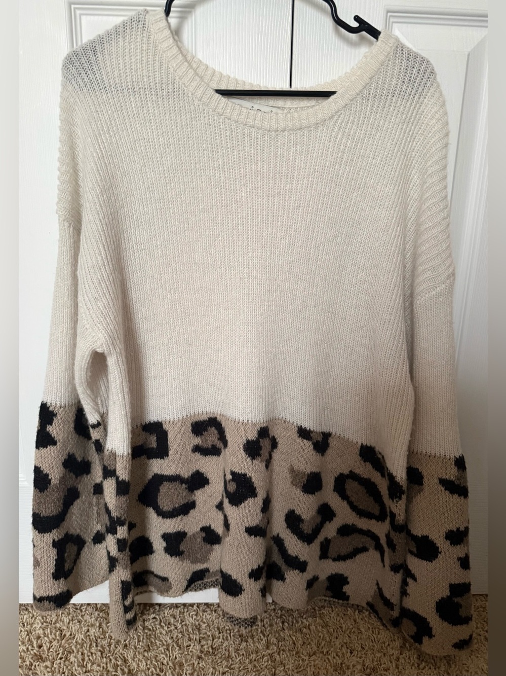 DAVI & DANI Cream and Beige Leopard Block Animal Print Crewneck Sweater
